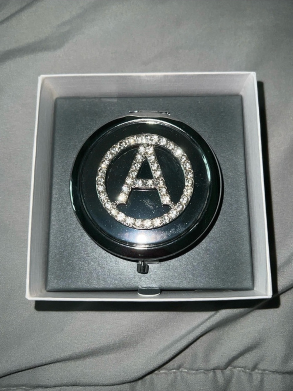 Embellished 'A' Compact Mirror in silver  with Rhinestones
